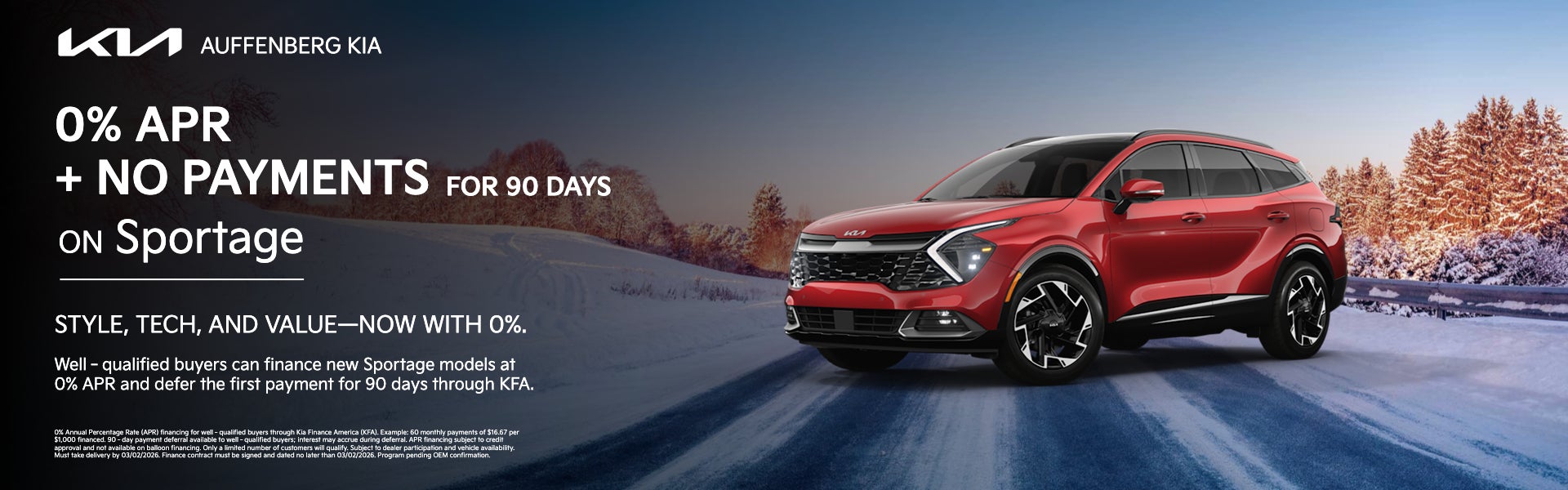 0% APR + 90 Days No Payments on Sportage